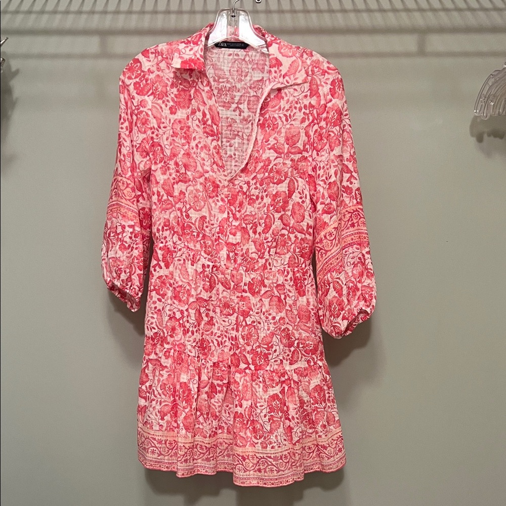 Zara Pink White Floral V-Neck Dress